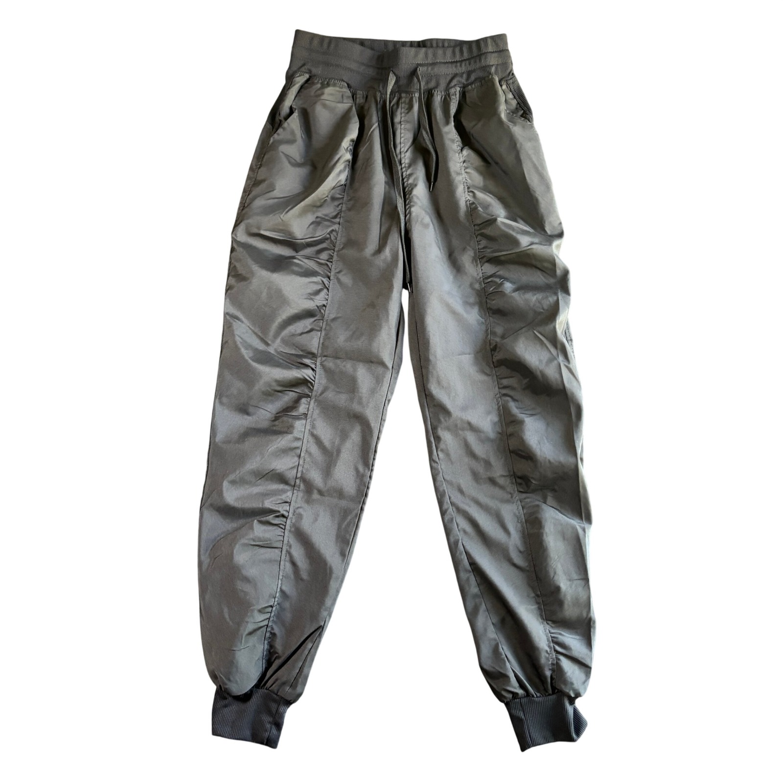 Black Ruched Front Jogger Pants Lrg Elastic Waist Drawstring Tapered Leg Womens